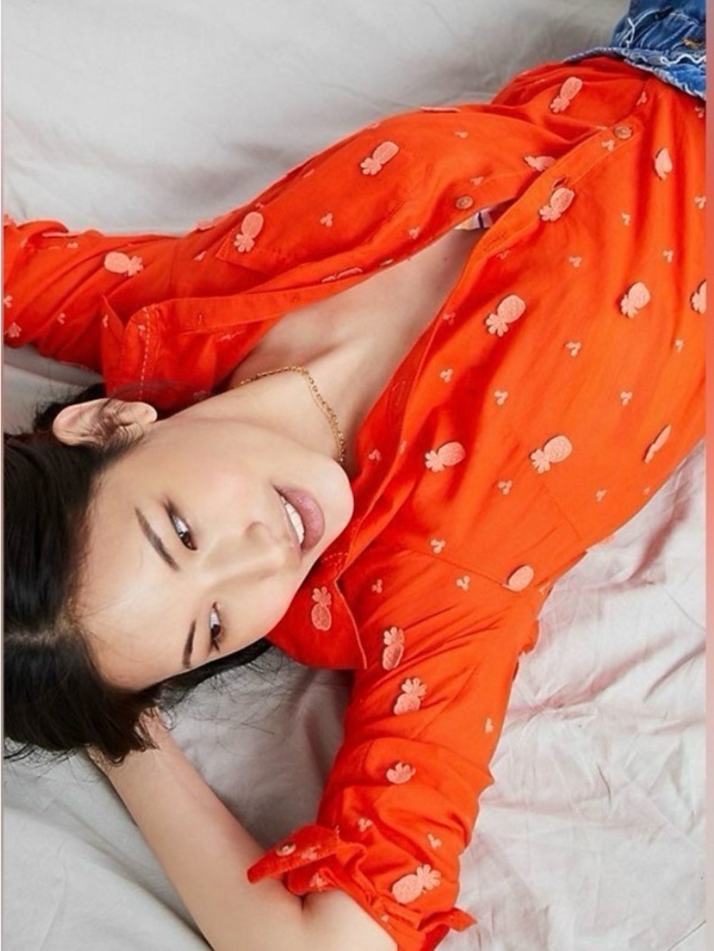 Anthropologie Orange Pineapple-Print Button-Down Top